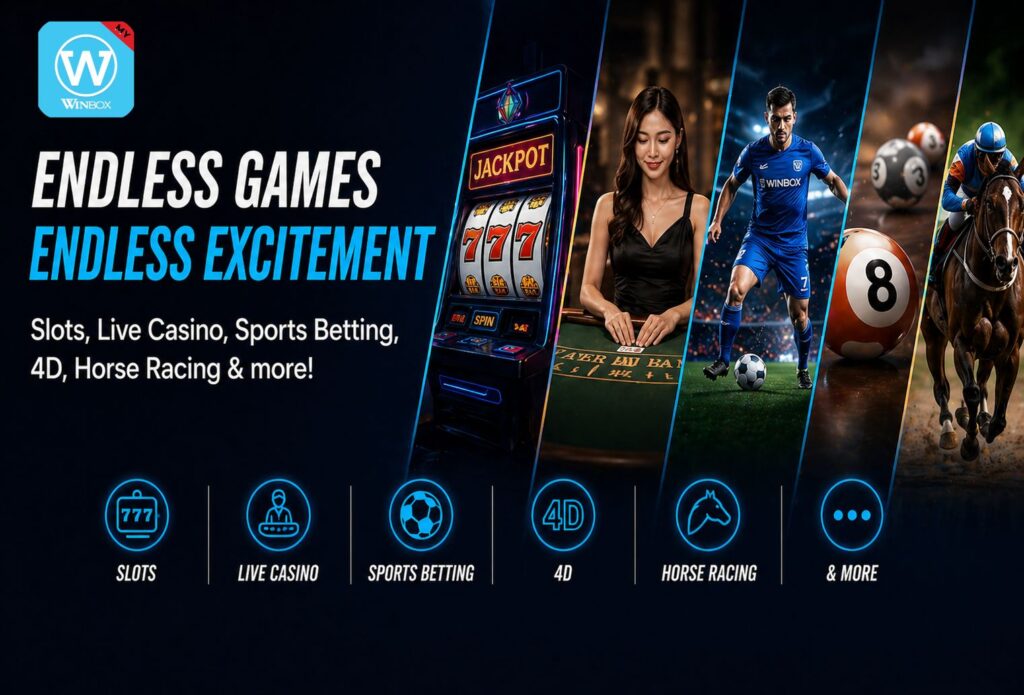 Player exploring Winbox casino games including slots, live dealer tables, and sports betting with vibrant neon blue luxury casino environment.