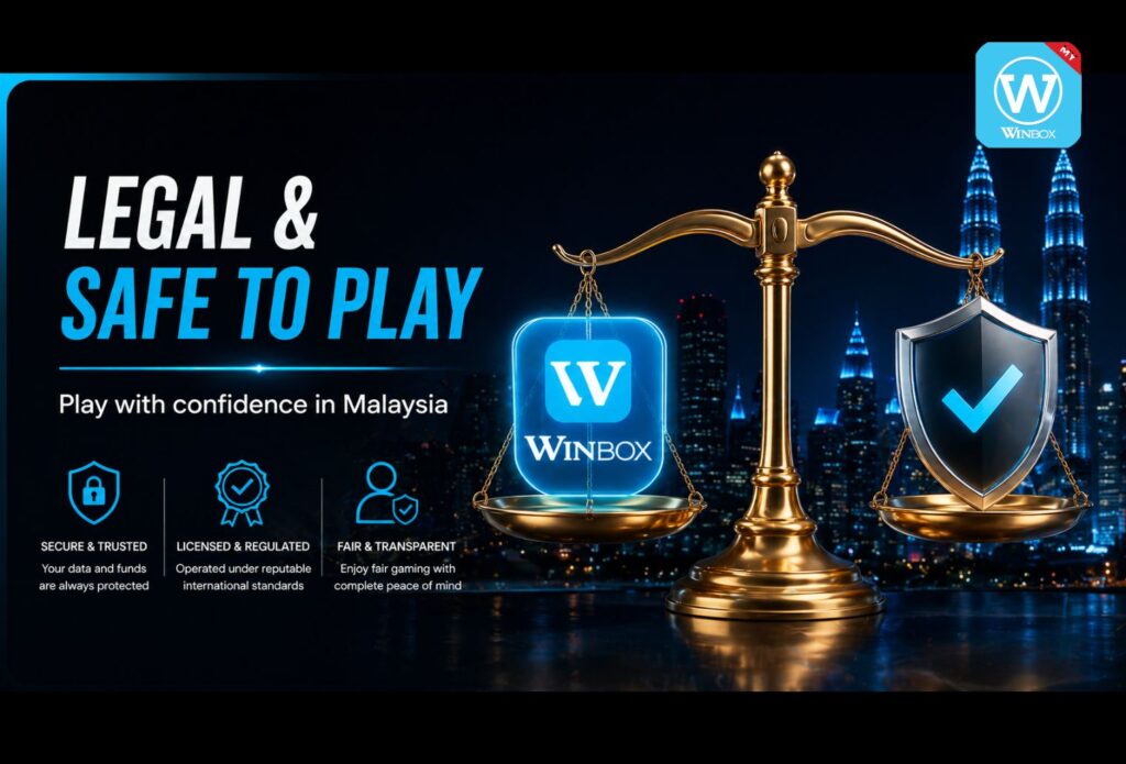 Luxury online casino hero banner showing a Malaysian player using smartphone with glowing Winbox interface in blue, highlighting official Winbox download guide for mobile users.