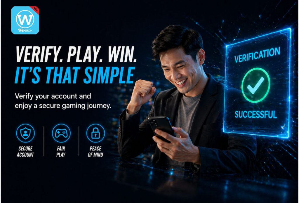 Young Asian male completing Winbox registration form on smartphone with verification code screen and glowing blue casino interface.