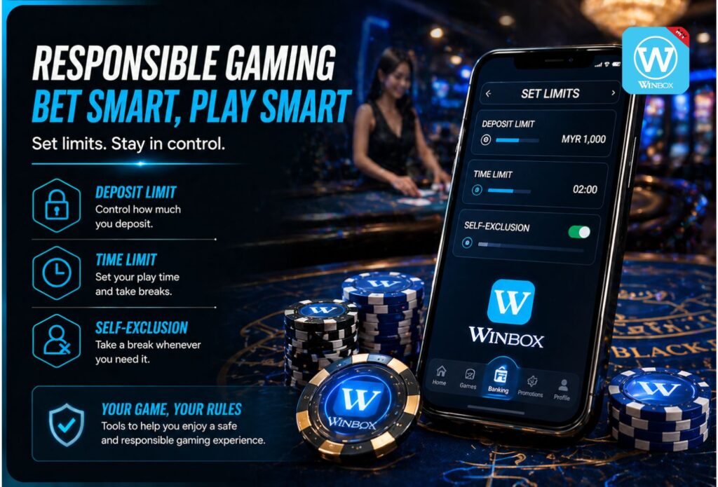 setting betting limits on Winbox Malaysia app with shield and lock security icons in blue, representing responsible gaming and account protection.