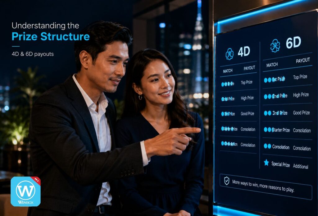 Malaysian couple reviewing 4D and 6D prize structure and payout information on a digital display