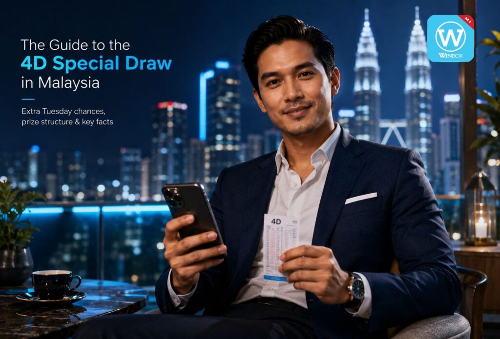 Premium guide image showing a Malaysian man with a 4D ticket and phone for the 4D special draw in Malaysia