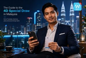 Premium guide image showing a Malaysian man with a 4D ticket and phone for the 4D special draw in Malaysia