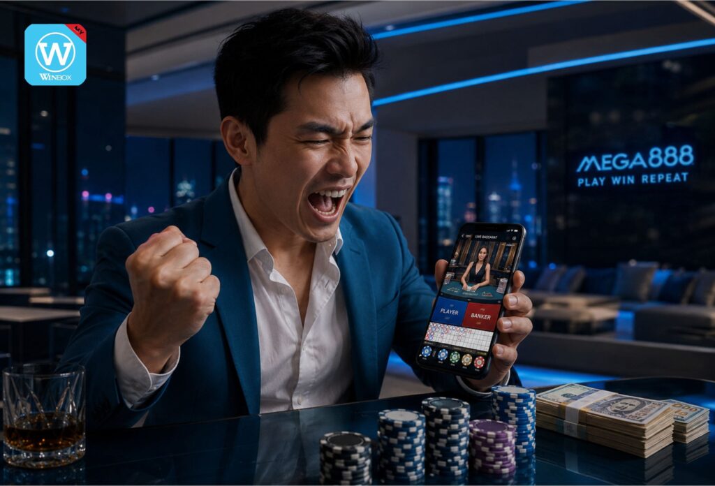 Malaysian player celebrating a big live baccarat win on Winbox mobile casino
