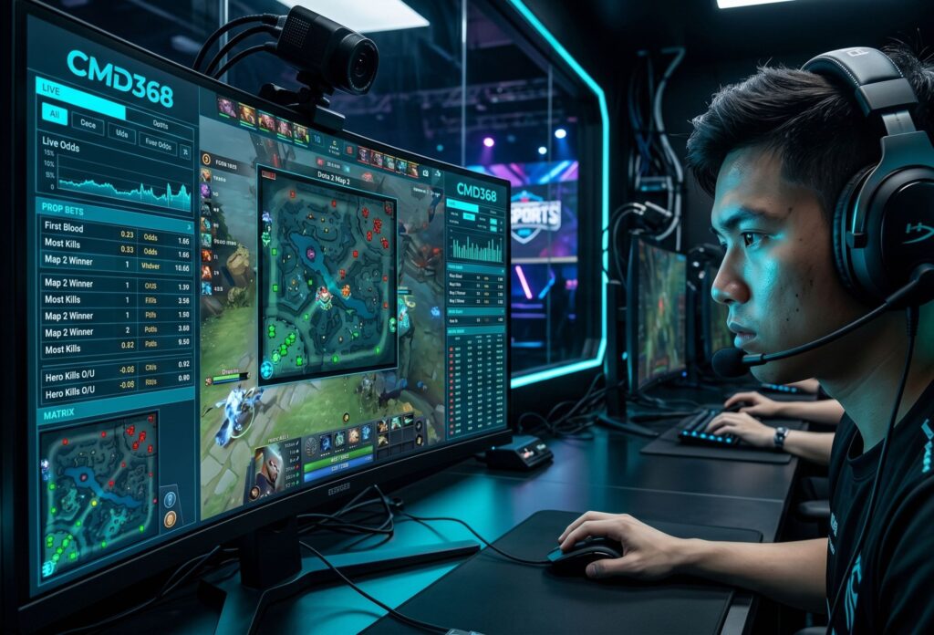 Focused eSports competitor with monitor displaying CMD368 live odds and unique prop bets for a Dota 2 tournament in Malaysia.