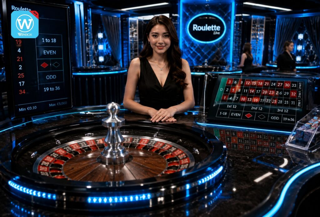 Luxury Evolution Gaming live roulette studio with elegant female dealer and blue casino lighting