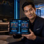 Player comparing free slot game and real money slot on tablet in premium online casino setting