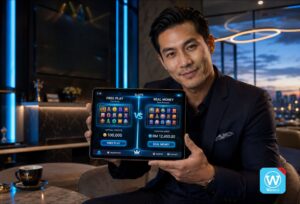 Player comparing free slot game and real money slot on tablet in premium online casino setting