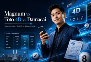 A stylish Malaysian adult holding a smartphone with a holographic 4D lottery panel, comparing Magnum, Toto 4D, and Damacai payouts in a premium digital lottery interface.