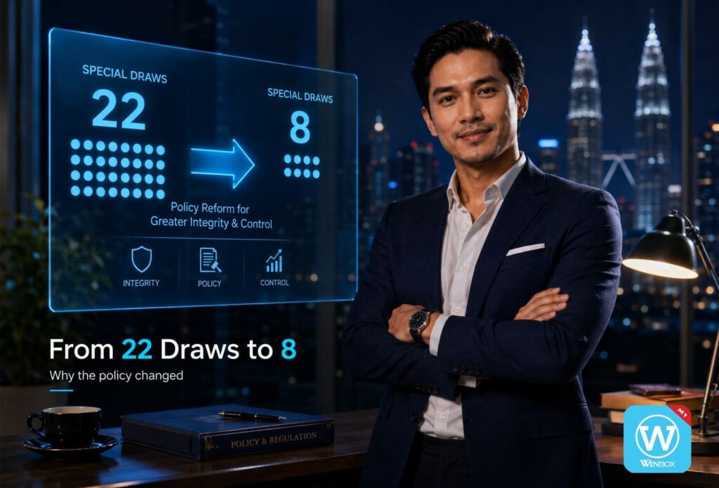 Professional Malaysian man beside an infographic showing 4D special draws reduced from 22 to 8