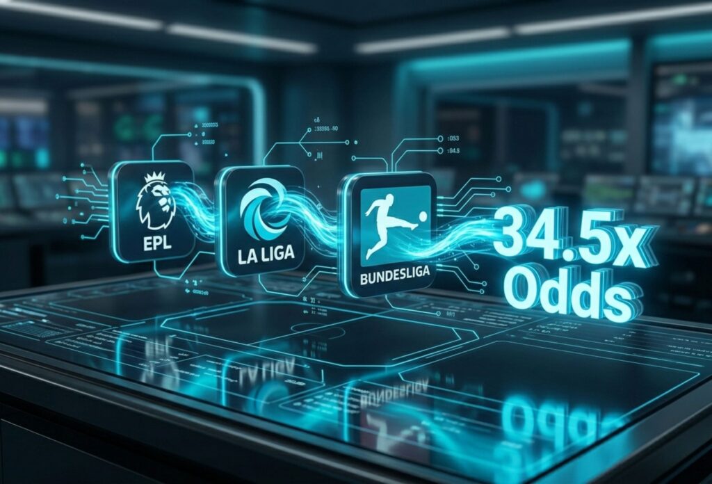 3D visualization showing multiple football match icons connected by glowing blue data lines to a massive odds multiplier, explaining a Mix Parlay bet.