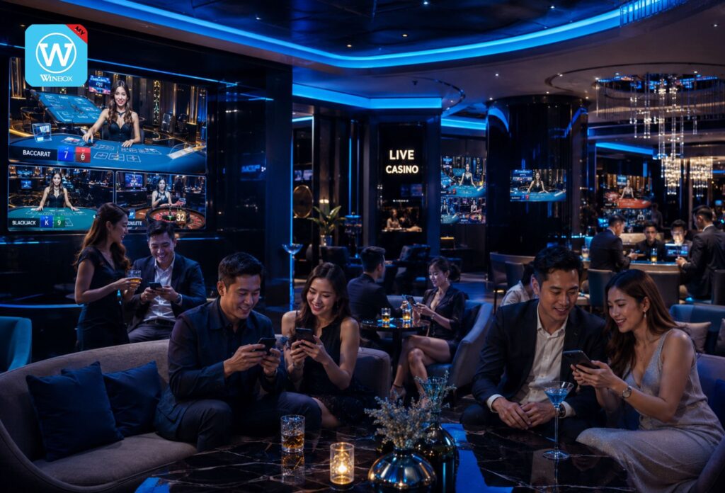 Luxury live casino lounge with HD dealer tables and Malaysian players using smartphones