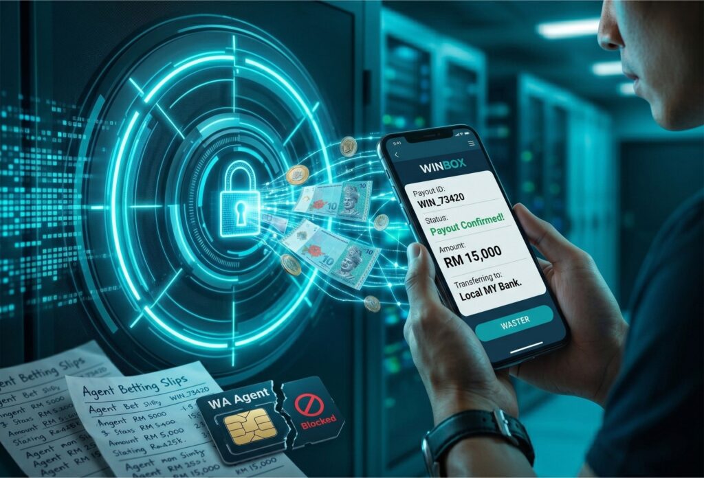 Glowing cyan digital vault interface symbolizing secure and guaranteed withdrawals from Winbox to Malaysian local bank accounts.