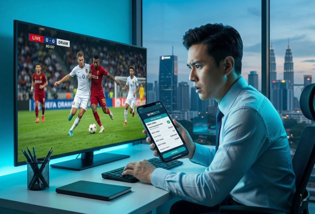 A Malaysian man intensely watches a live football match draw on TV while checking a Winbox sport betting malaysia betting slip on his smartphone.