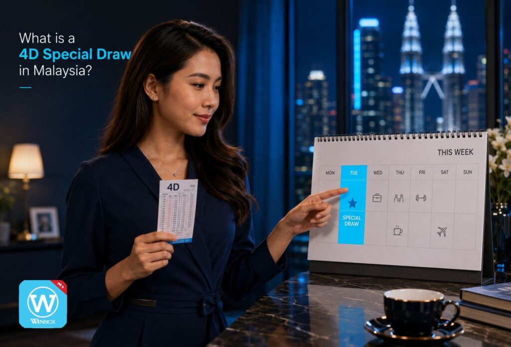 Malaysian woman explaining what a 4D special draw is with Tuesday highlighted on a calendar