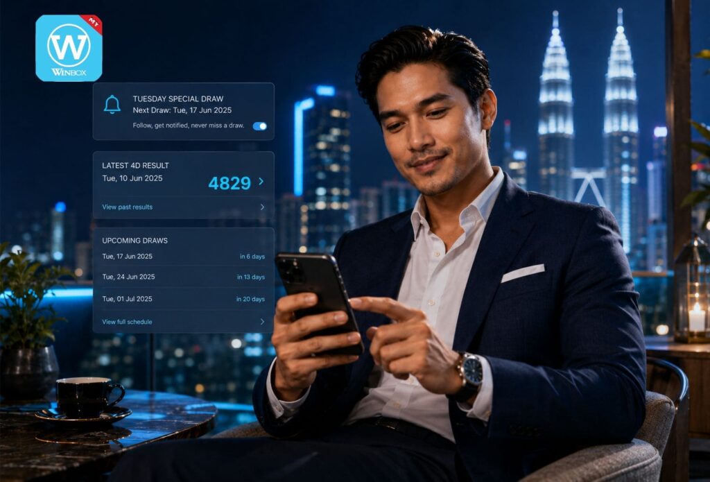 Man using a phone to check 4D results and upcoming Tuesday special draw dates on a mobile app