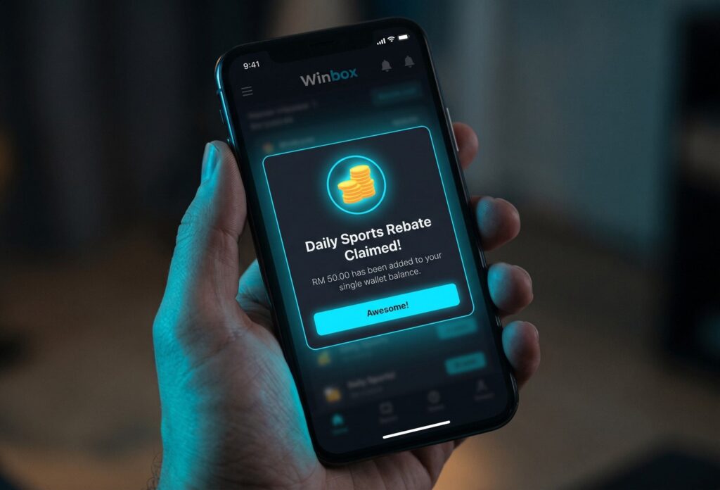 Close-up of a smartphone screen showing the dark-mode Winbox app interface with a notification confirming a daily sports rebate has been successfully claimed.