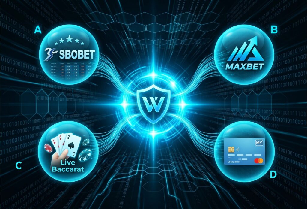 Stylized illustration of a Malaysian user entering a glowing blue digital tunnel representing the ultimate Winbox sportsbook journey.